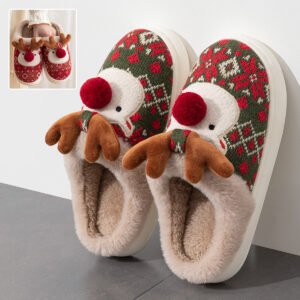 Cute Christmas Elk Plush Winter Slippers – Warm Fuzzy Home Shoes for Women